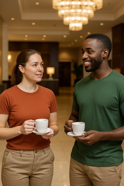 create a realistic image of two people standing in a hotel lobby talking while holding coffee they should be wearing solid color tshirts and khaki pants create a realistic image of two people standing in a hotel lobby talking while holding coffee they should be wearing solid color tshirts and khaki pants