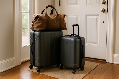 set of luggage sitting inside the front door of a home set of luggage sitting inside the front door of a home