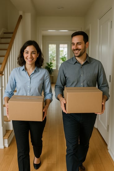 two coworkers walking side by side inside a home as they carry boxes-1 two coworkers walking side by side inside a home as they carry boxes-1